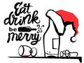 Christmas greeting card with text. Vector black graphic illustration of christmas holiday table with alcohol and Santa hat on