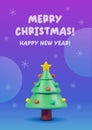 Christmas Greeting Card. Christmas Tree 3d Cartoon Illustration And Snowflakes. Modern Blue Background. Festive Winter