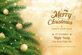 Christmas greeting card with tree and gold blur bokeh lights background. Xmas and happy new year. Vector illustration for