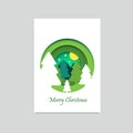 Christmas greeting card with trees, mountain, star, and moon cartoon illustration. Vector illustration