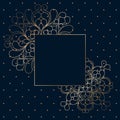 Christmas greeting card. Trendy square Winter Holidays art template. Golden ornament with snowflakes on dark background Royalty Free Stock Photo