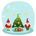 Christmas greeting card with two cute dwarfs on a blue background near a Christmas tree. Vector flat illustration of Merry Royalty Free Stock Photo