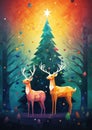 Christmas greeting card with two deers in the forest. Christmas greeting card illustration Royalty Free Stock Photo