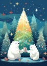 Christmas greeting card with Two polar bears and gifts in the winter forest Royalty Free Stock Photo