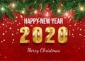 Christmas greeting card vector template. Happy new year postcard, winter holiday banner concept. Gold 2020 number and Royalty Free Stock Photo