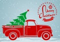 Christmas greeting card. Vintage pickup, truck with Christmas tree. Royalty Free Stock Photo