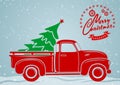 Christmas greeting card. Vintage pickup, truck with Christmas tree.