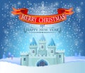 Christmas greeting card in vintage with ice princess castle