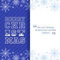 Christmas greeting card - White line christmas text with snow fall and snowman pine tree on floor on blue stripe with line snow