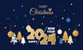 2024 Christmas greeting card. Winter holidays. Merry Xmas banner design with triangle geometric fir trees and circle toy