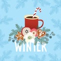 Christmas greeting card, winter invitation with red cup of hot drink. Cocoa or coffee decorated with candy cane stick Royalty Free Stock Photo