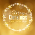 Christmas greeting card. Wreath made of bokeh lights and stars. Modern golden blurred background, festive vector