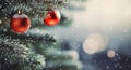 Christmas greeting card with xmas baubles and fir tree branches Royalty Free Stock Photo