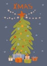 Christmas greeting card with xmas tree, gift boxes and star garland vector illustration