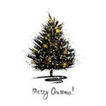 Christmas greeting card with Xmas tree sketch. Grunge fir with golden snowflakes Royalty Free Stock Photo