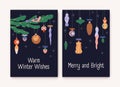 Christmas greeting cards designs. Retro postcards templates with vintage ornaments, Xmas holiday baubles, tree