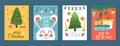 Christmas greeting cards. Holiday new year posters, cartoon xmas elements, congrats postcards, decorated fir-trees