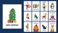 Christmas greeting cards set with cute winter animals, kids, Santa Claus. Christmas holiday tags bundle