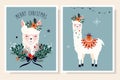Christmas greeting cards set with hand drawn cute llama