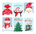 Christmas greeting cards templates set. Cute winter holidays postcards collection. Cartoon snowman, penguin and Santa Royalty Free Stock Photo