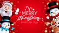 Christmas greeting characters vector design. Merry christmas text with santa claus, reindeer and snowman waving in red background. Royalty Free Stock Photo