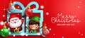 Christmas greeting characters vector design. Merry christmas text with santa claus and elf character in gift craft element.