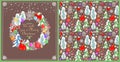 Christmas greeting craft card with Xmas wreath and wallpaper with colorful balls, baubles, gingerbread, snowy trees, conifer, ange