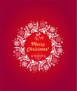 Christmas greeting hot red card with floral paper cut out craft xmas wreath with lacy baubles and snowflakes Royalty Free Stock Photo