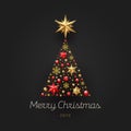 Christmas illustration. Abstract christmas tree made from stars, ruby gems, golden snowflakes, beads and glitter gold Royalty Free Stock Photo