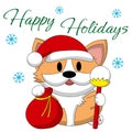 Christmas greeting postcard with character Corgi Santa Claus