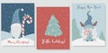 Christmas greeting posters with gnomes. Cute scandinavian gnome girl with lollipop, new year gnome with caramel stick on