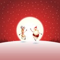 Christmas greeting - Santa Claus and Reindeer on red night moonlight winter landscape