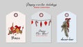 Christmas greeting tag set: bauble, garland,  holiday decorated tree branches, star , candy cone sketch. Hand-drawn winter  Xmas Royalty Free Stock Photo