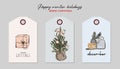 Christmas greeting tag set: gift, present, bauble, holiday decorated tree, star sketch. Hand-drawn mailbox with mails to Secret