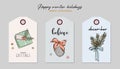 Christmas greeting tag set with gift, present, bauble, star and pine fir branches with bow sketch. Hand-drawn Xmas festive Royalty Free Stock Photo