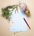 Christmas Greeting Template. Blank Paper Christmas Ornament on Peach Background