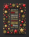 Christmas greeting type design in frame which is made from stars, ruby gems golden snowflakes and beads Royalty Free Stock Photo