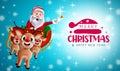 Christmas greeting vector background design. Merry christmas text with reindeer and santa claus character flying and riding sleigh Royalty Free Stock Photo