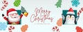 Christmas greeting vector background design. Merry christmas text with santa claus and penguin characters. Royalty Free Stock Photo