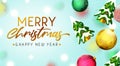 Christmas greeting vector background design. Merry christmas text with balls and miniature xmas tree elements for holiday season. Royalty Free Stock Photo