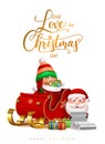 Christmas greeting vector design. Give love on christmas day text with santa claus and cute elf character holding gifts. Royalty Free Stock Photo