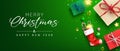 Christmas greeting vector design. Merry christmas greeting text in green space with gifts and sock stockings decoration element. Royalty Free Stock Photo