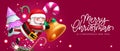 Christmas greeting vector design. Merry christmas text with floating santa claus character, candy cane, bell and fir tree.