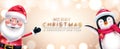 Christmas greeting vector design. Merry christmas text with santa claus and penguin characters in elegant bokeh