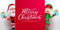 Christmas greeting vector template design. Merry christmas text in red empty space with santa claus and elf characters. Royalty Free Stock Photo