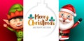 Christmas greeting vector template design. Merry christmas text in white empty space with waving santa claus and elf kid for xmas.