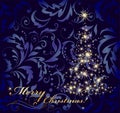 Christmas greeting vintage navy blue card with gold stars fir tree