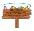 Christmas greeting was written on a snowy wooden board Royalty Free Stock Photo