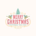 Christmas Greetings Abstract Vector Retro Frame Label, Sign or Logo Template. Colorful Hand Drawn Flying Angels and Pine Royalty Free Stock Photo