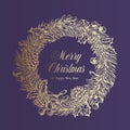 Christmas Greetings Advert Vector Banner Template. Winter Holiday Symbol Doodle Sketch Wreath on Purple Background. Xmas